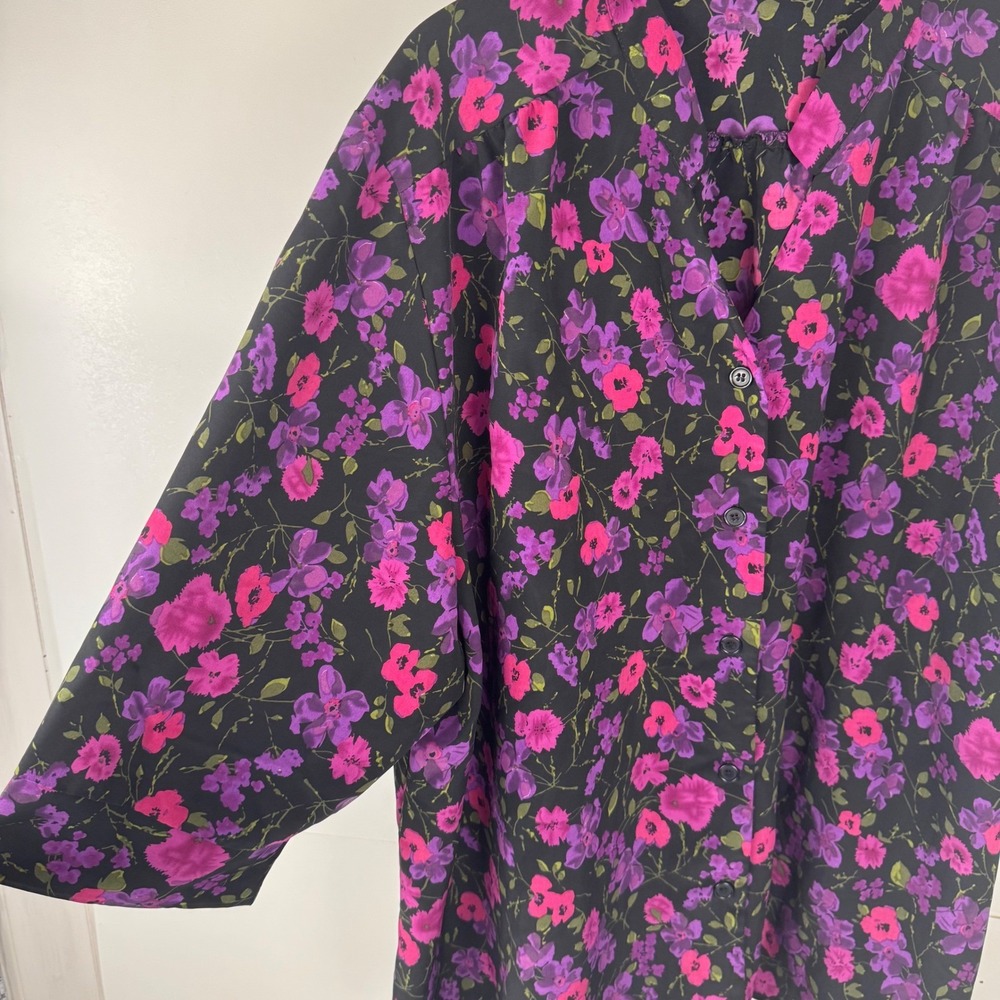 Vtg A Personal Touch Tunic Women 5X Black Pink Floral Button Up Blouse Top Boho - Picture 5 of 10